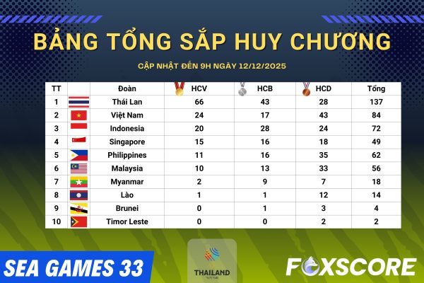 BẢNG TỔNG SẮP HUY CHƯƠNG SEA GAMES 33